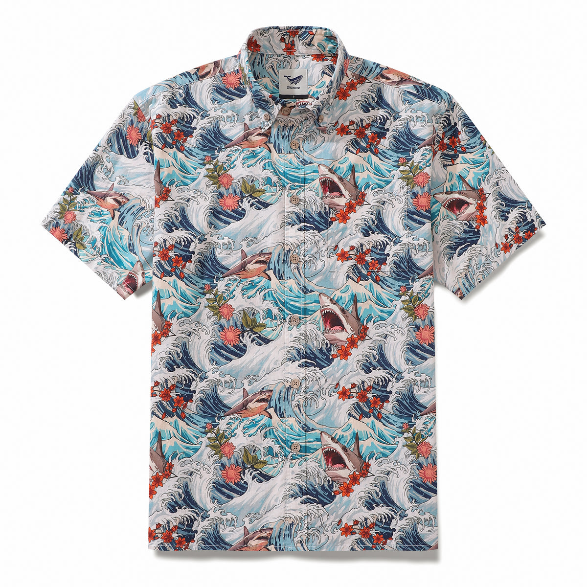 Men's Resort Wear Shirt Turbulence at Sea with Sharks Print Short Slee ...