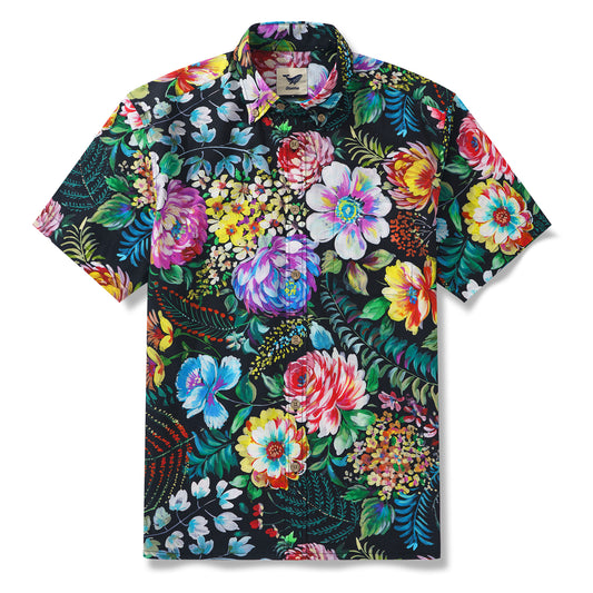 Men's Floral Hawaiian Shirt 100% Cotton Black Aloha Short Sleeve Button-down Shirt