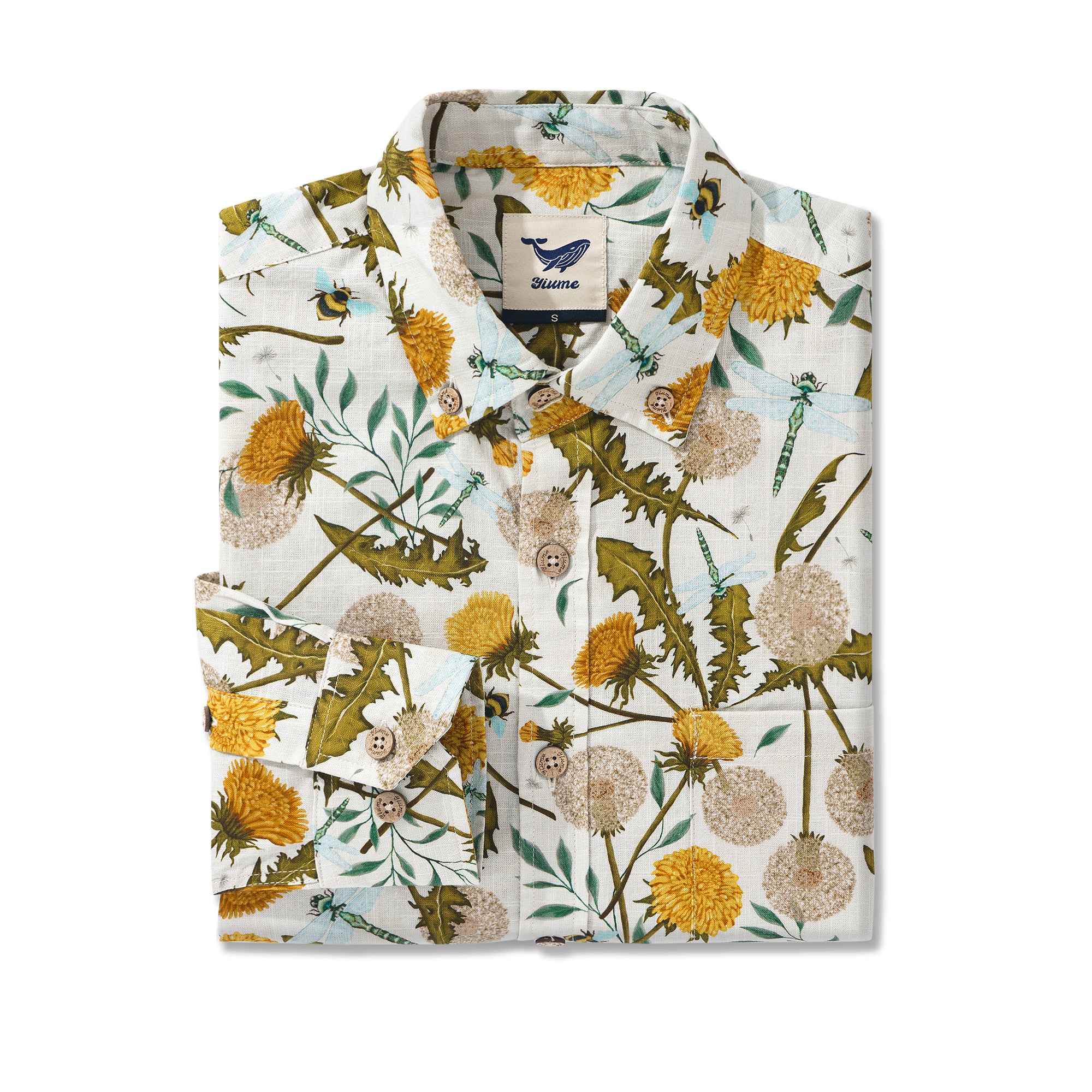 Dandelion Dreams and Dragonfly Delight By Silver Steer Design 100% Cotton Men's Aloha Hawaiian Long Sleeve Button-down Shirt