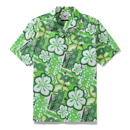 Chemises hawaïennes pour hommes Tikirob Designer Shirt Totem 100% coton - Vert