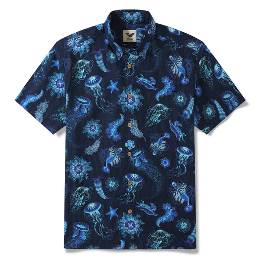 Symphony of the Deep Blue 100% Cotton Men's Short Sleeve Button-down Shirt Blue Aloha Hawaiian