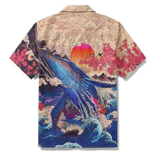 100% Cotton Hawaiian Shirt For Men Ukiyo-e NO6 By RLoN Camp Collar Aloha Shirt