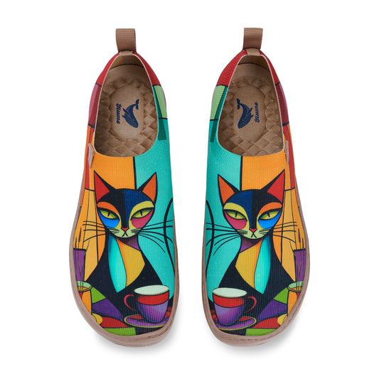 Women's foldable Loafers Colorful Geometric Cat Sneaker Painted Canvas Slip-On Shoes