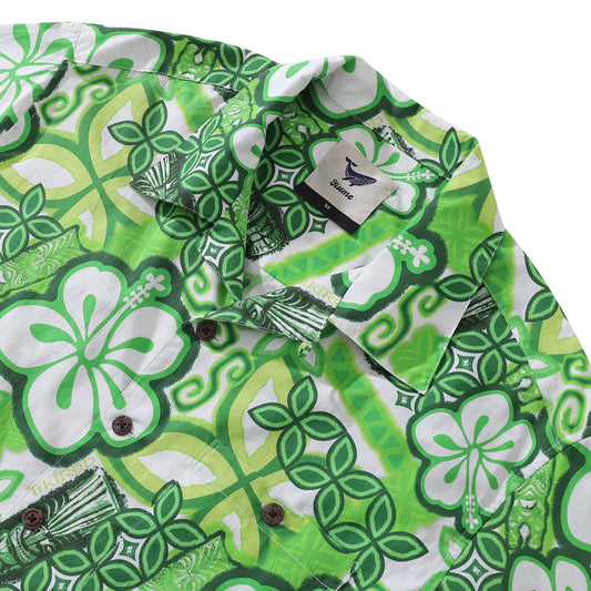 Chemises hawaïennes pour hommes Tikirob Designer Shirt Totem 100% coton - Vert