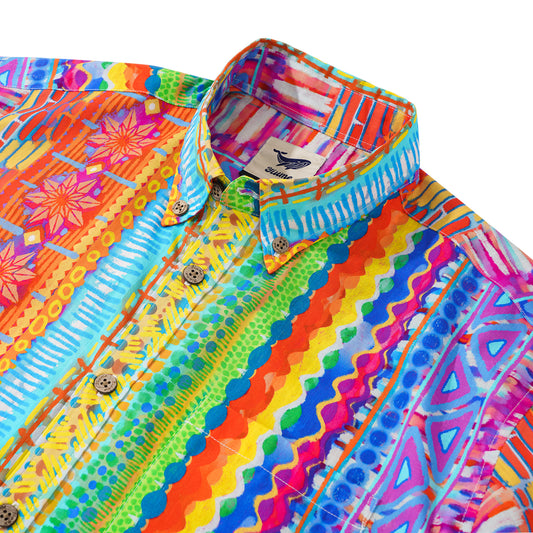 Men's Hawaiian Shirt Short Sleeve Button-down 100% Cotton Red Aloha Geometric Dimensions