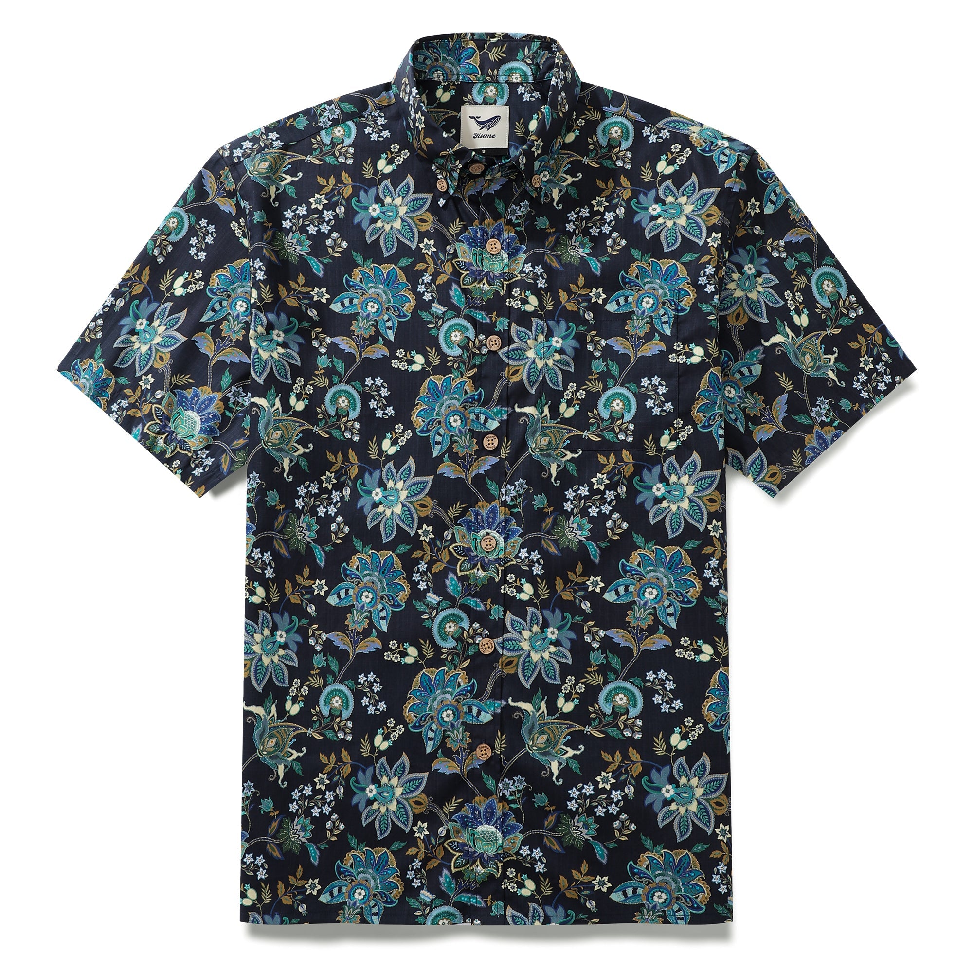 Chemise hawaïenne pour hommes noir fantaisie fleurs imprimé manches courtes coton boutonné