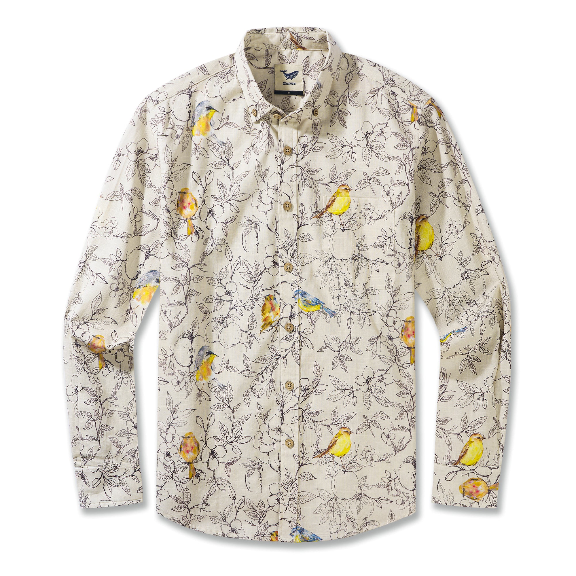 Birds and Blossoms By Hina Mirza 100% Cotton Men's Long Sleeve Button-down Shirt Beige Aloha Hawaiian