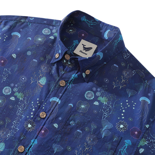 Men's Blue Jellyfish Hawaiian Shirt Cotton Button-down Short Sleeve Ocean Aloha Shirt