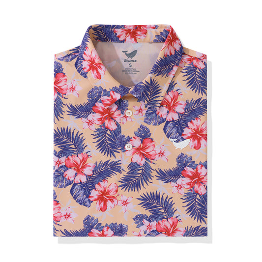Men's Hawaiian Blooming Hibiscus Flower Print Short Sleeve Polo Shirt