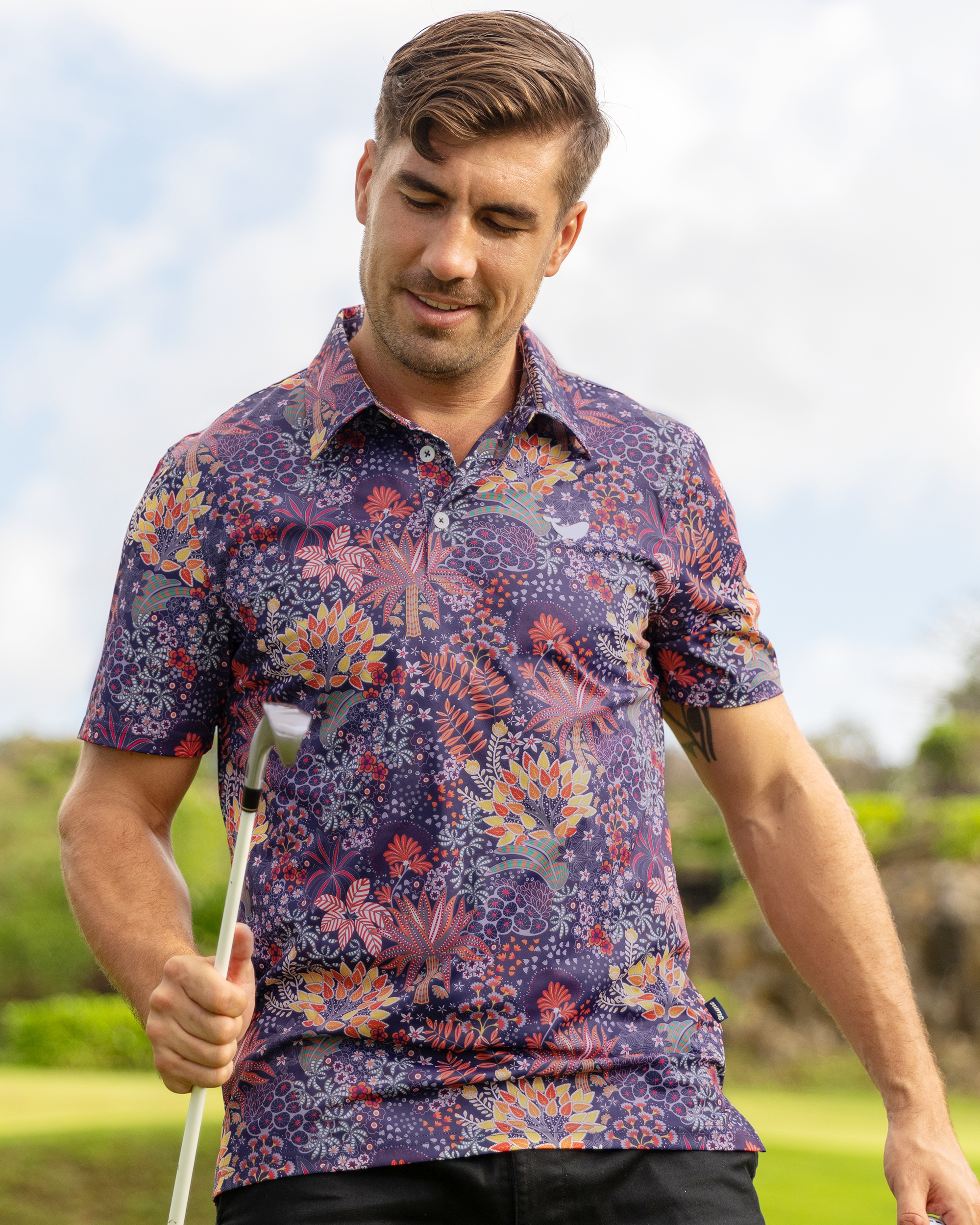 Men's Hawaiian Quirky Plants Print Short Sleeve Polo Shirt