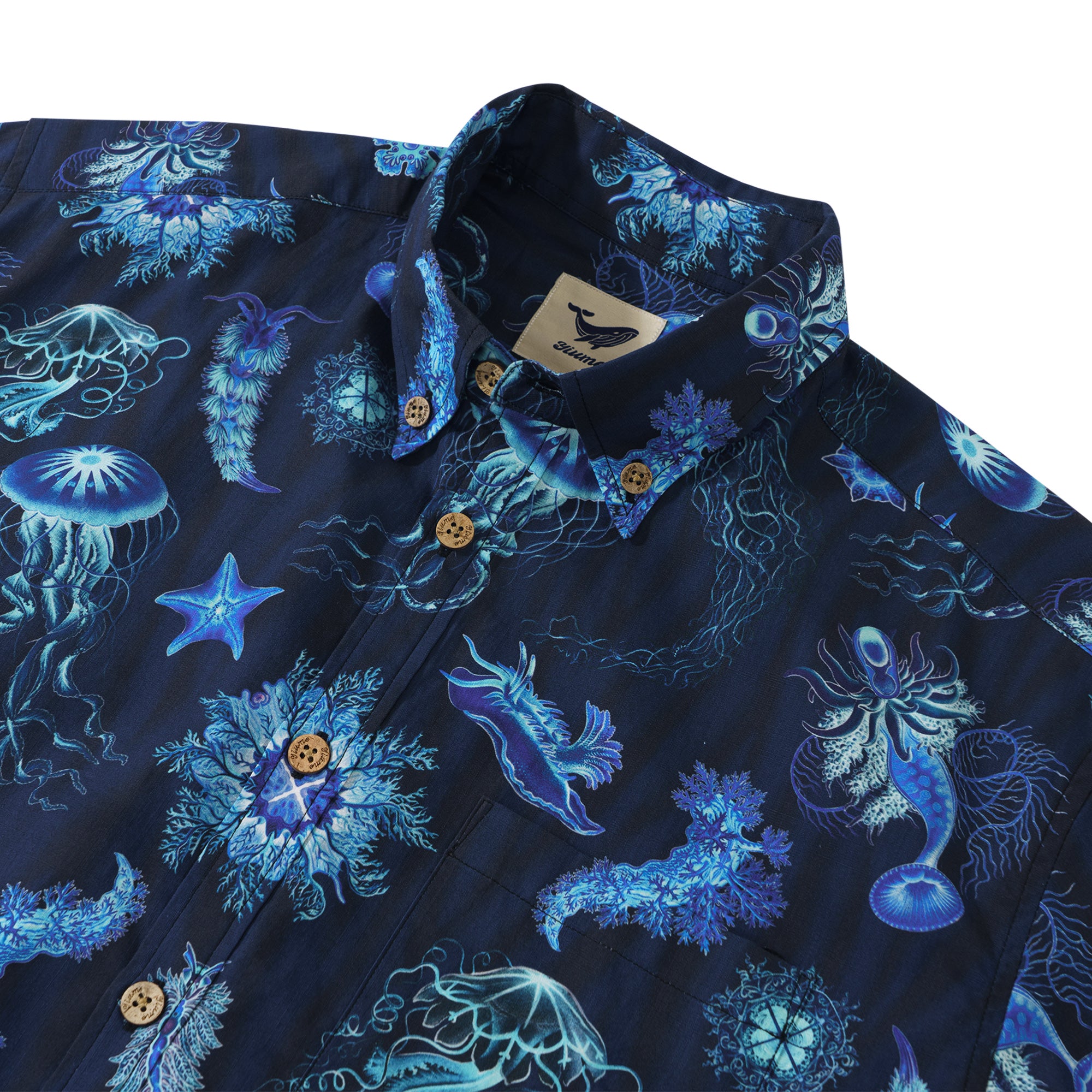 Symphony of the Deep Blue 100% Cotton Men's Short Sleeve Button-down Shirt Blue Aloha Hawaiian