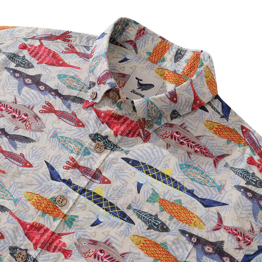 Yiume Summer Hawaiian Shirt For Men Fish Print Cotton Button-down Short Sleeve Aloha Shirt