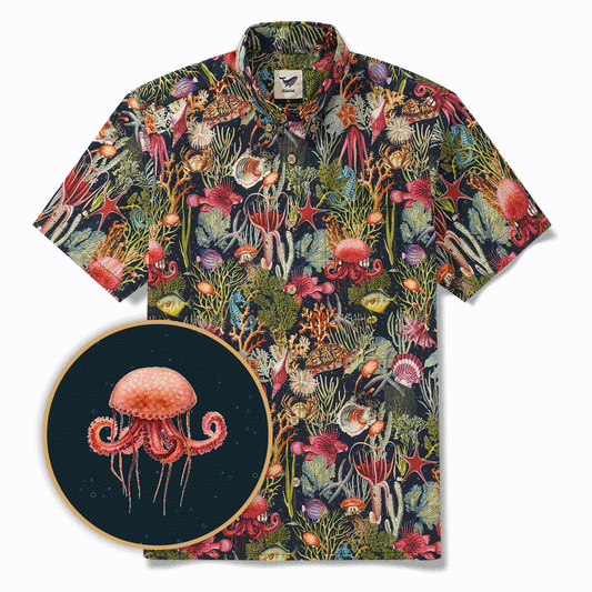 Men's Hawaiian Shirt Short Sleeve Button-down 100% Cotton Green Aloha Ocean Dreams