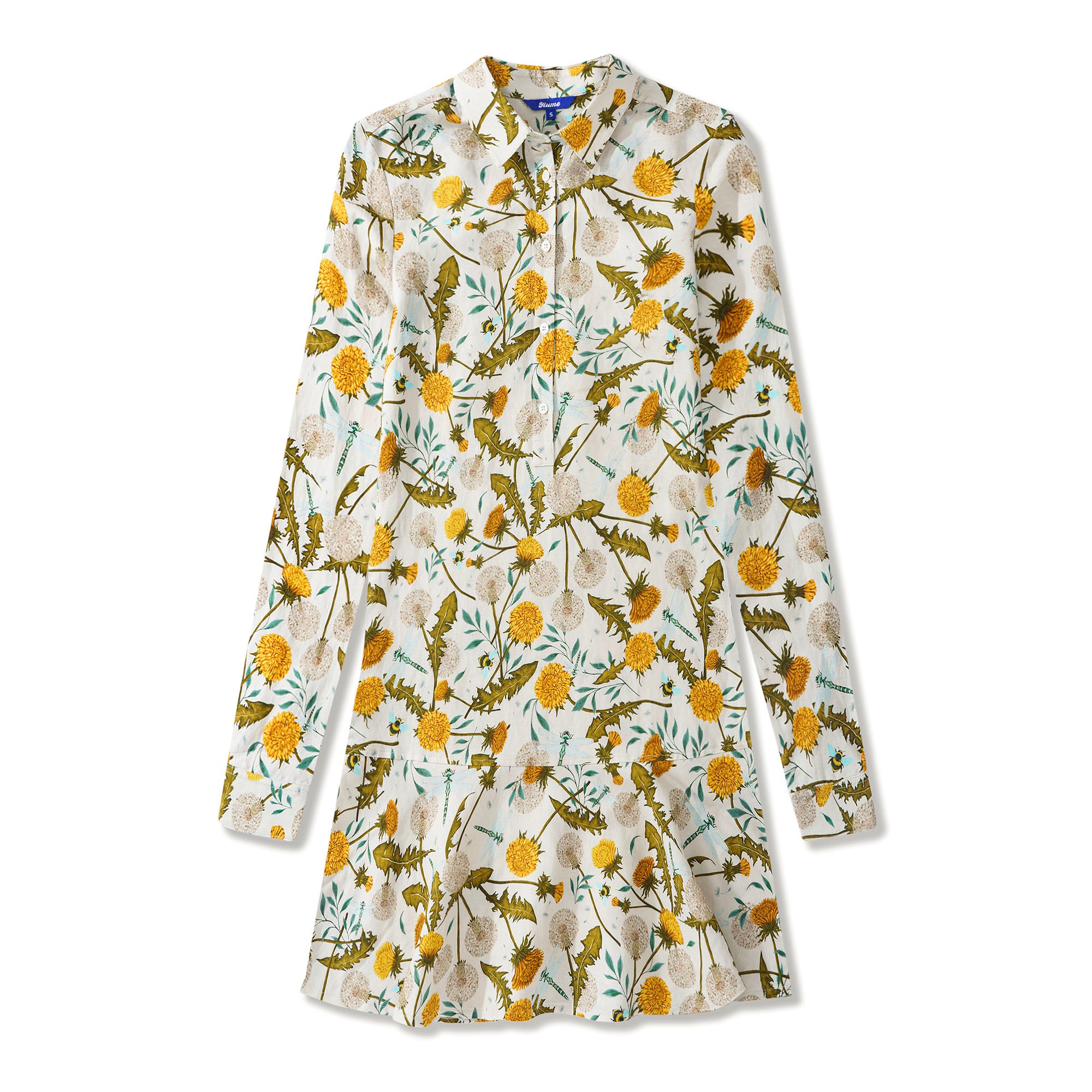 Women Dress Hawaiian Dandelions and Dragonflies Ruffled Hem Long-Sleeve Shirt Dress