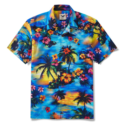 Tropical Elegance Hawaiian Shirt 100% Cotton Men's Short Sleeve Camp Collar Shirt Blue Aloha Hawaiian