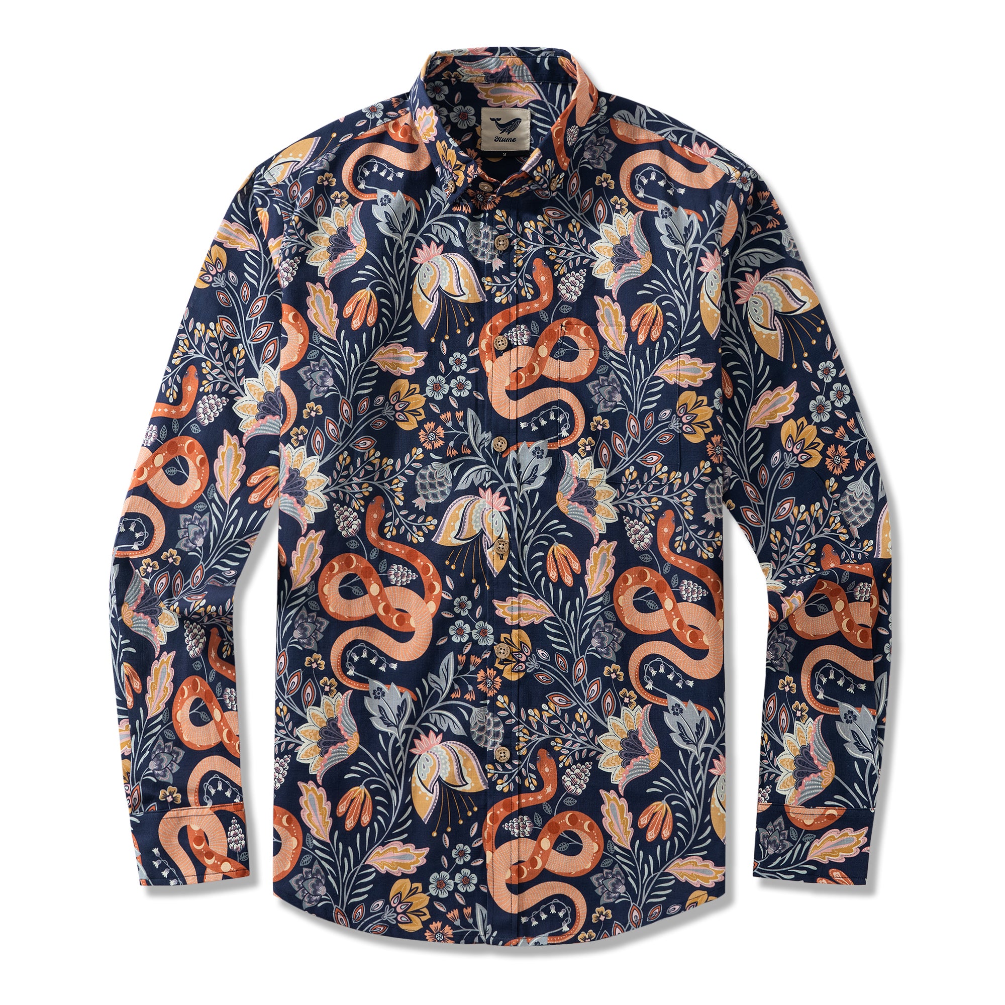 Year of the Snake By House of Haricot 100% Cotton Men's Long Sleeve Button-down Shirt Blue Aloha Hawaiian