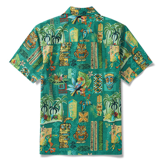 Tiki Luau 100% Cotton Men's Aloha Hawaiian Short Sleeve Camp Collar Shirt