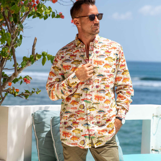 Men's Hawaiian Shirt Sea Ocean Fish Print Cotton Button-down Long Sleeve Aloha Shirt