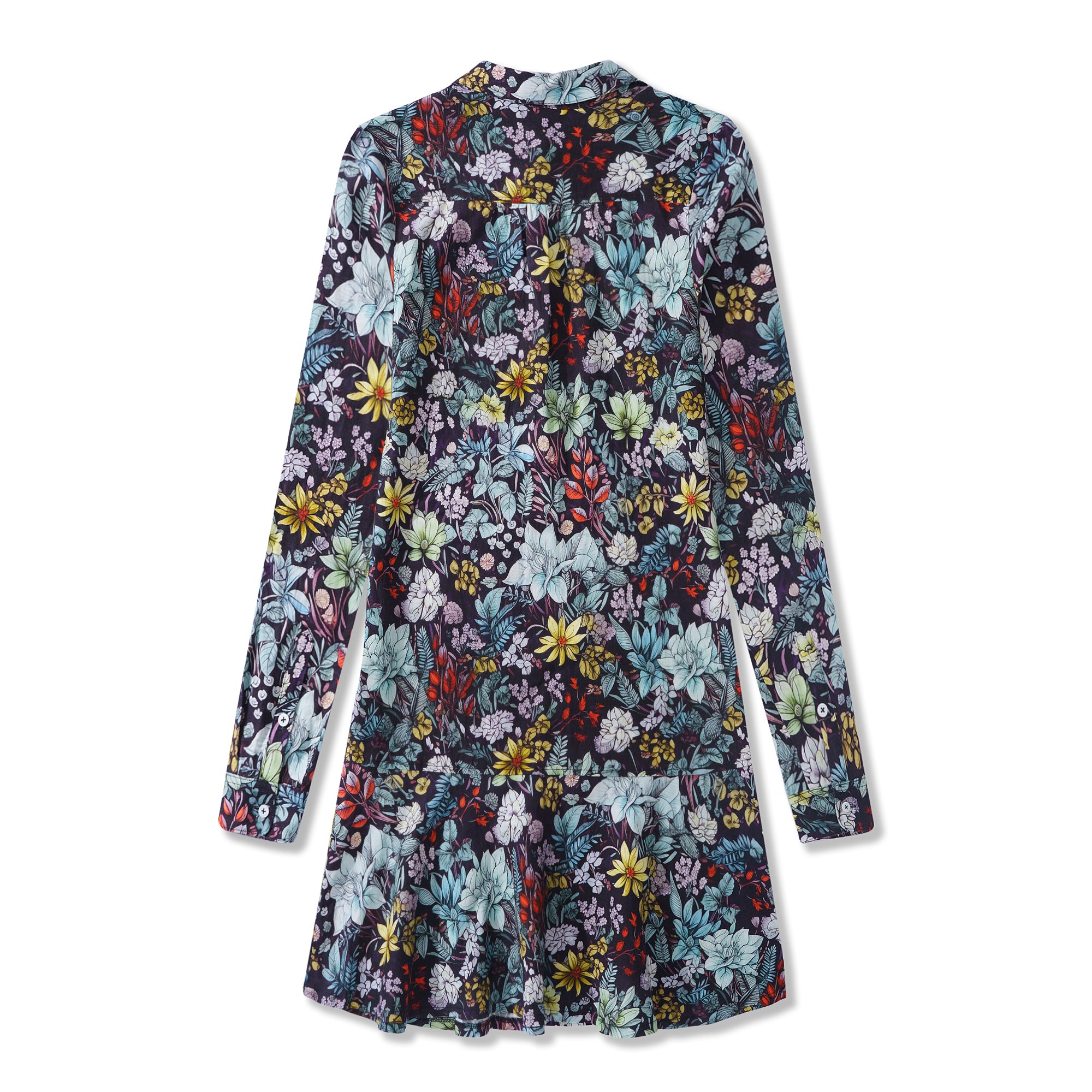 Women Dress Hawaiian Flowering Shrubs Ruffled Hem Long-Sleeve Shirt Dress