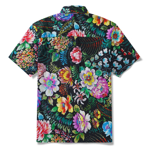 Men's Floral Hawaiian Shirt 100% Cotton Black Aloha Short Sleeve Button-down Shirt