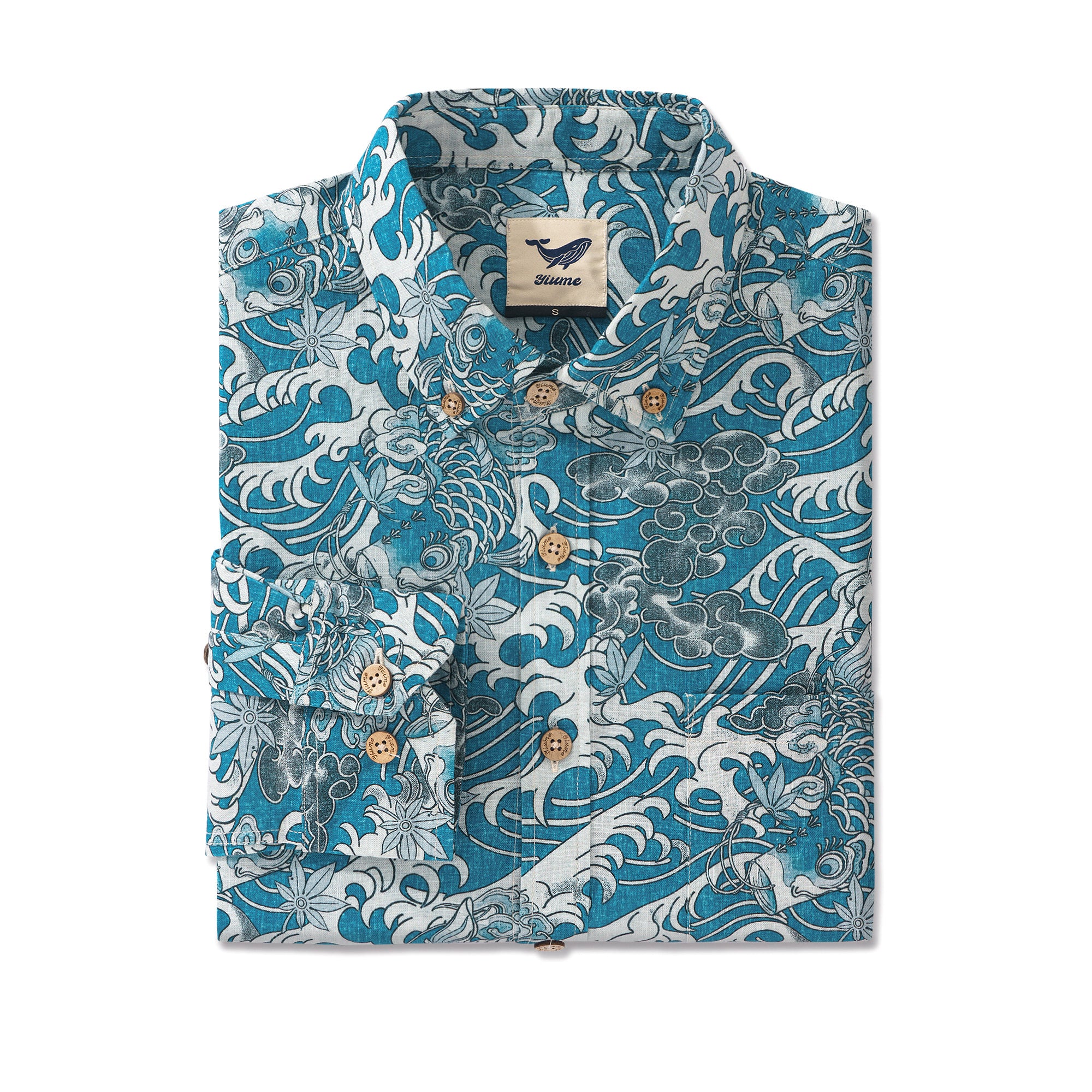 Koi Dance in the Clouds 100% Cotton Men's Aloha Hawaiian Long Sleeve Button-down Shirt