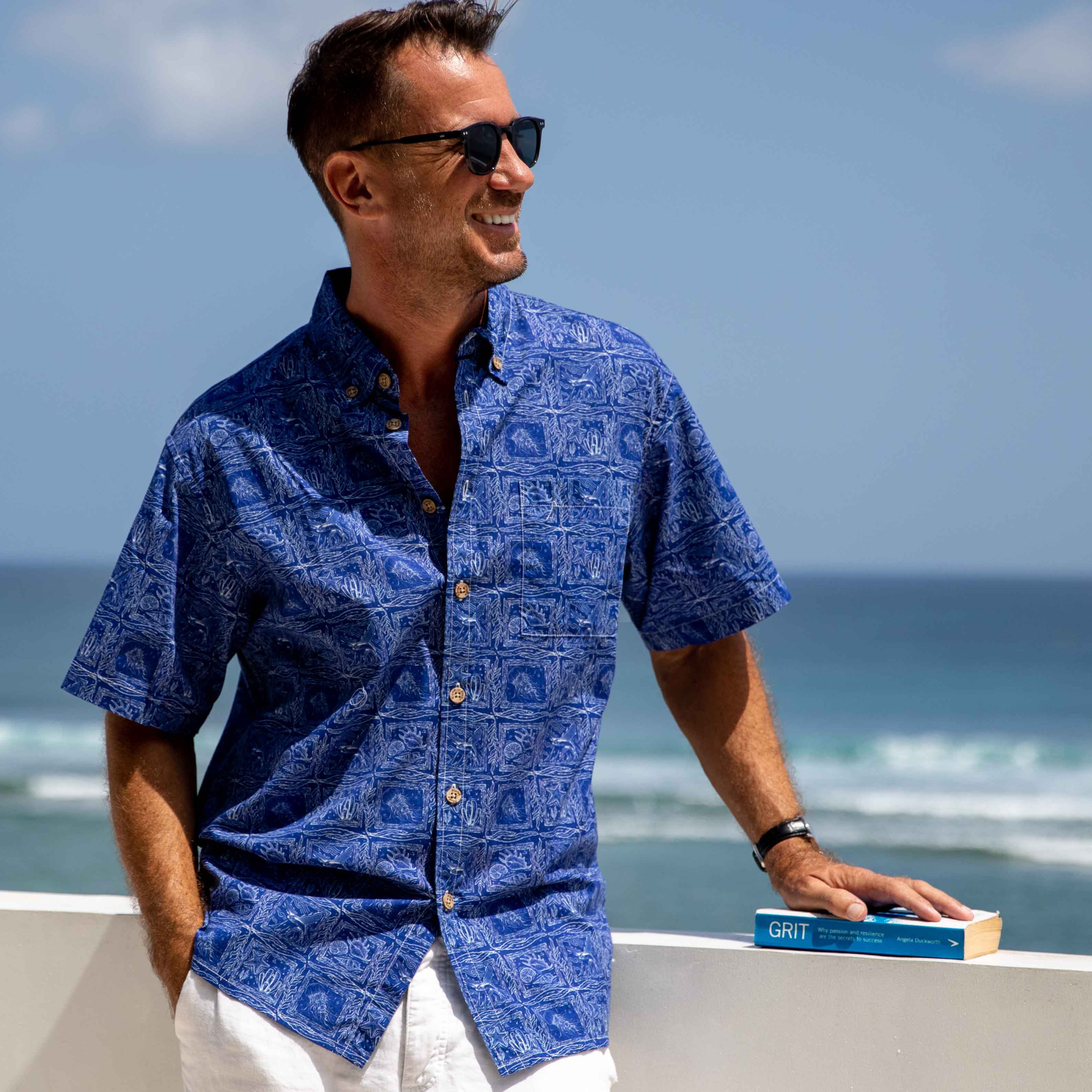Chemises hawaïennes pour hommes Ocean Life and Line Combinaison Chemise à manches courtes imprimée - Bleu marine