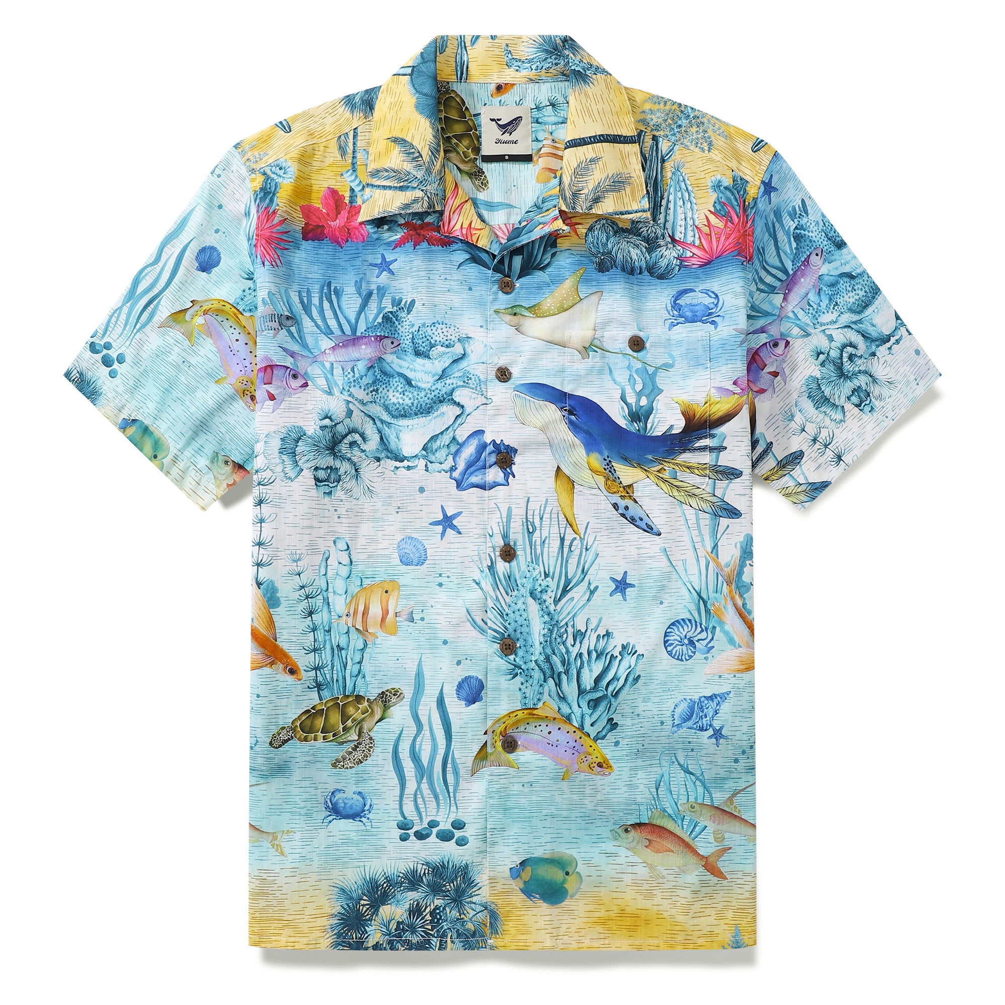 Camisa hawaiana vintage de los años 50 de algodón Funky Camp Shirt Marine Ocean World Botón de coco
