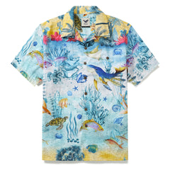 Chemise hawaïenne homme coton Funky Camp chemise Marine Ocean World bouton noix de coco