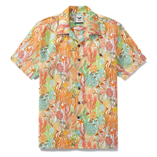 100% Cotton Fish Shirts Orange Hawaiian Shirt For Men Oceanic Camp Collar Shirt
