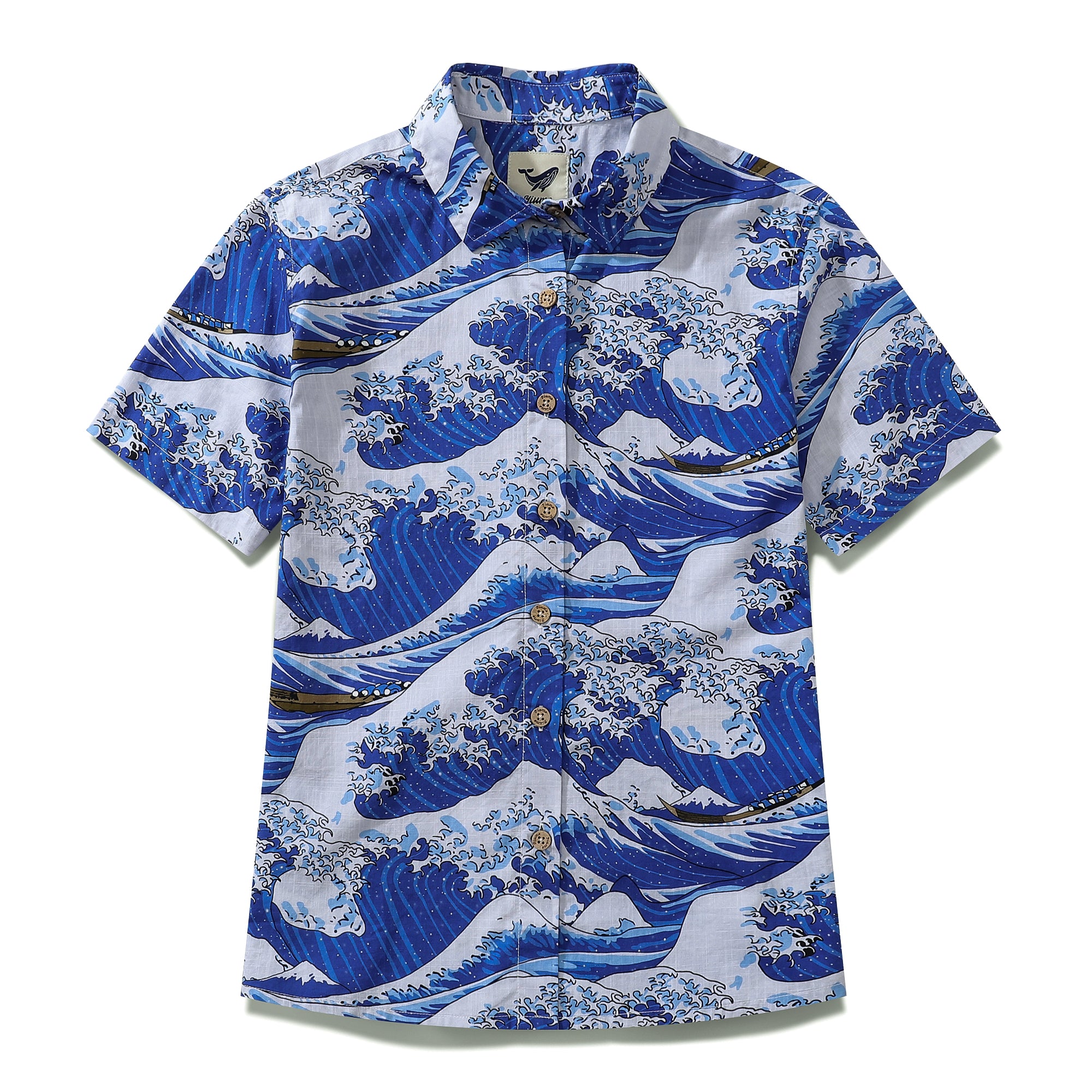 Hawaiihemd für Damen, Ozeanwellen, japanischer Ukiyo-e-Aufdruck, Baumwolle, kurzärmlig, mit Knopfleiste