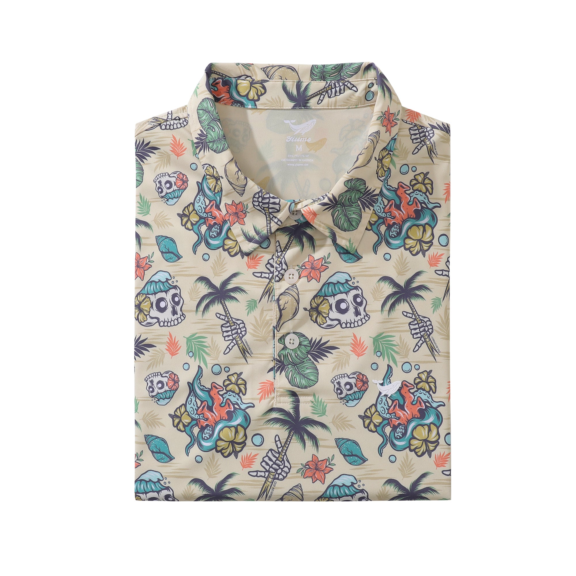 Polo de manga corta vintage hawaiano de los años 90 con calavera tropical salvaje hawaiana para hombre