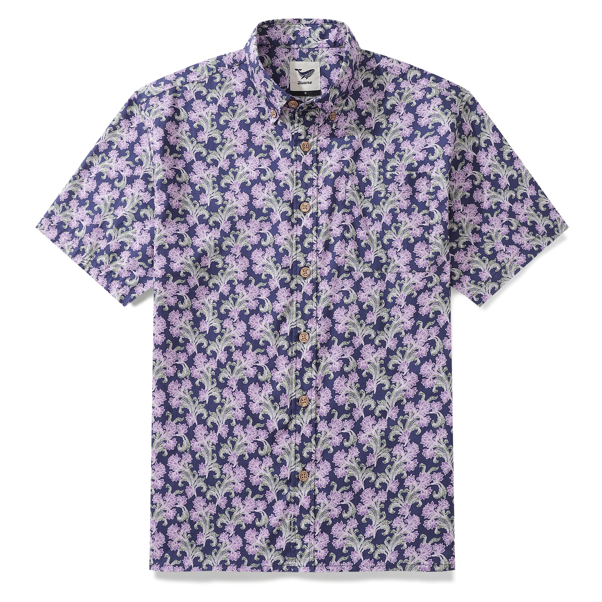 Camisa hawaiana de algodón floral morado con botones para hombre