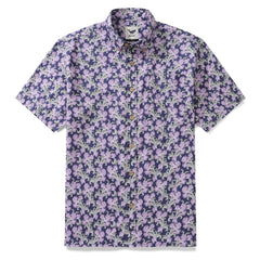 Men's Hawaiian Shirt Button Down Morris Shirt Purple Floral Cotton Aloha Shirt