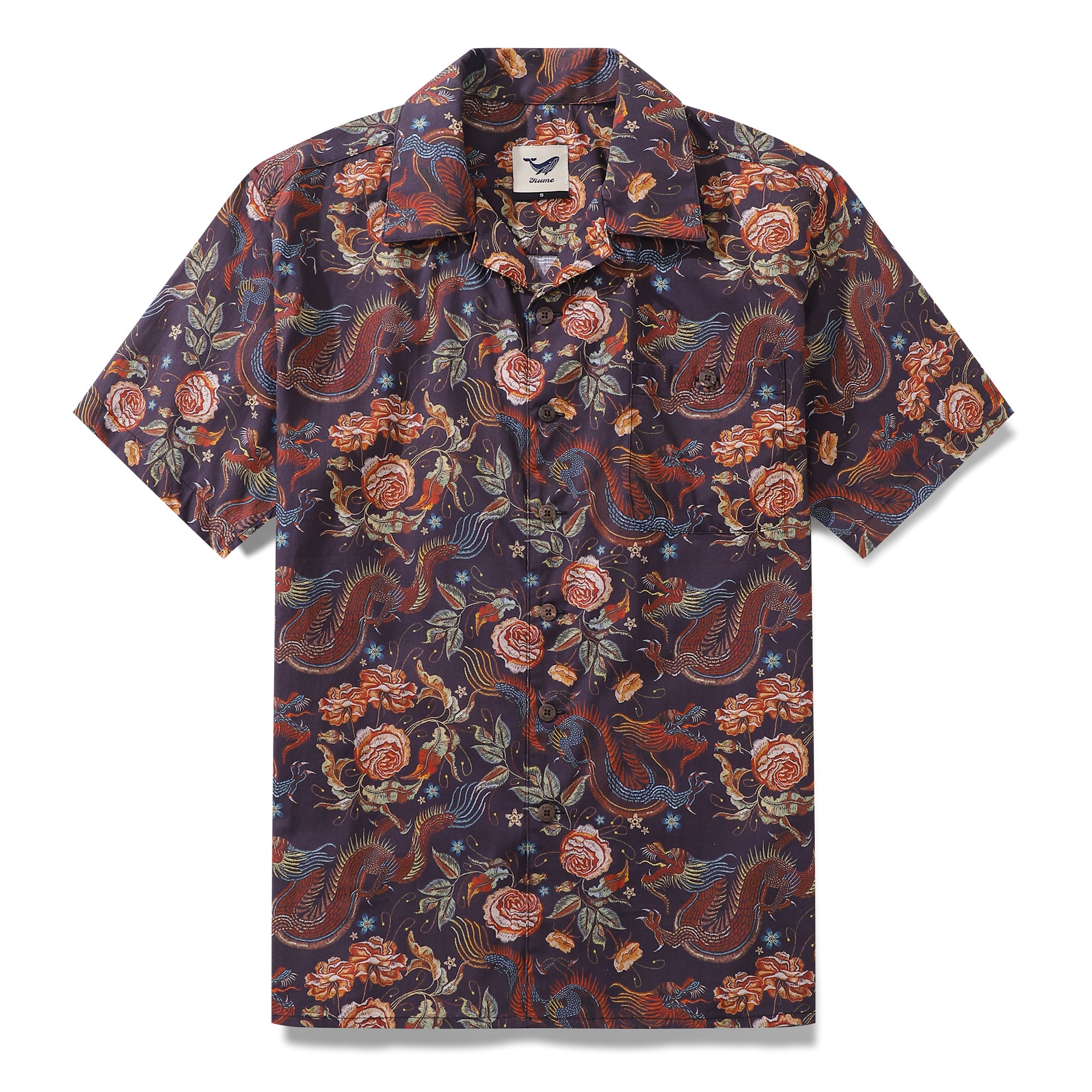 Camisa hawaiana para hombre, camisa con estampado de dragón bordado, cuello de campamento, 100% algodón