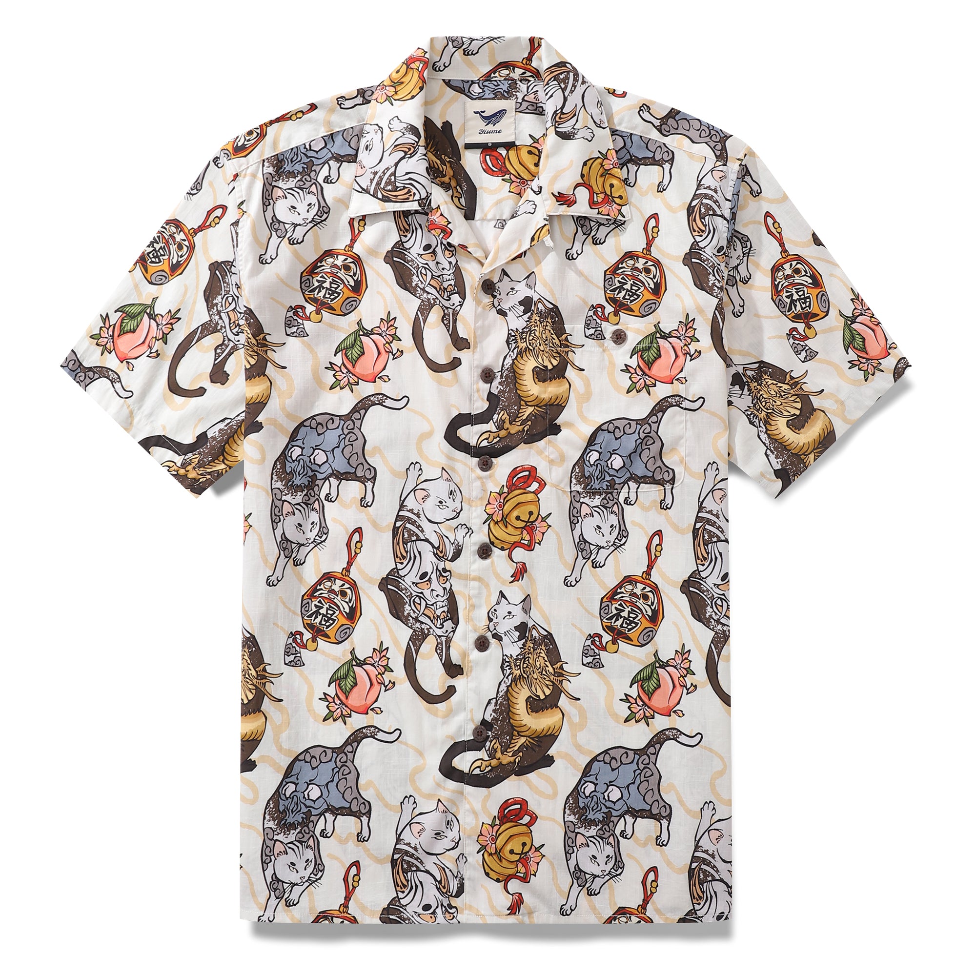 Camisa hawaiana para hombre Camisa con estampado de bigotes y tinta salvaje Cuello de campamento 100% algodón