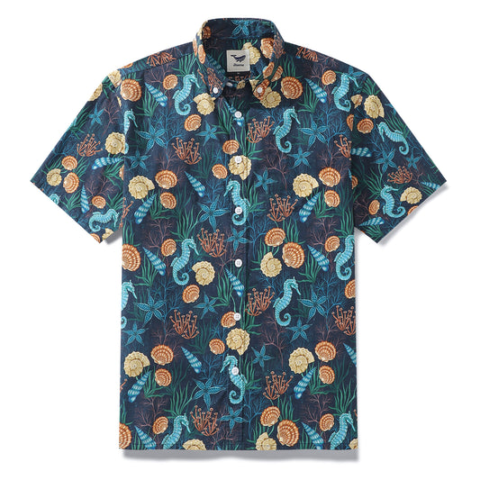 Men's Hawaiian Shirt Wonders of the Sea Print By Luova Flow Cotton Button-down Short Sleeve Aloha Shirt