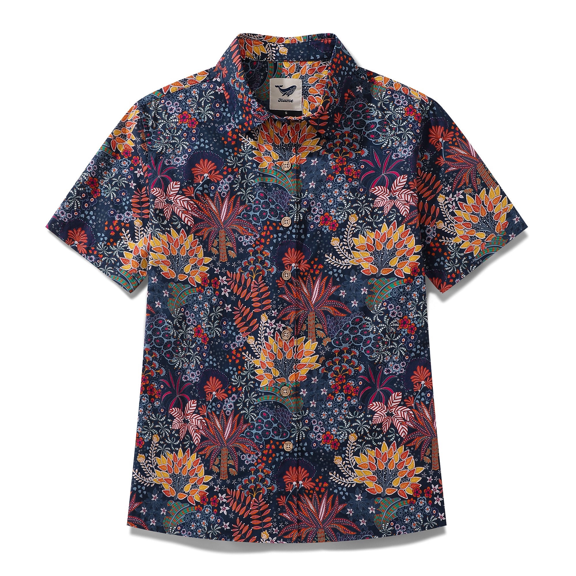 Camisa hawaiana de mujer con estampado de plantas extravagantes de algodón con botones y manga corta