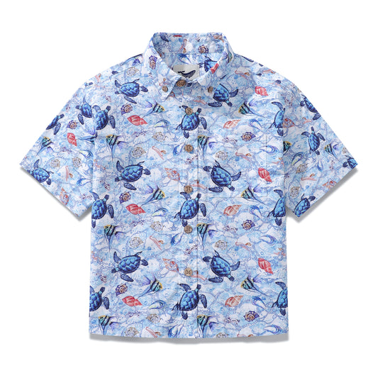 Children's Hawaiian Shirt Roaming Turtles Print Cotton Button-down Short Sleeve