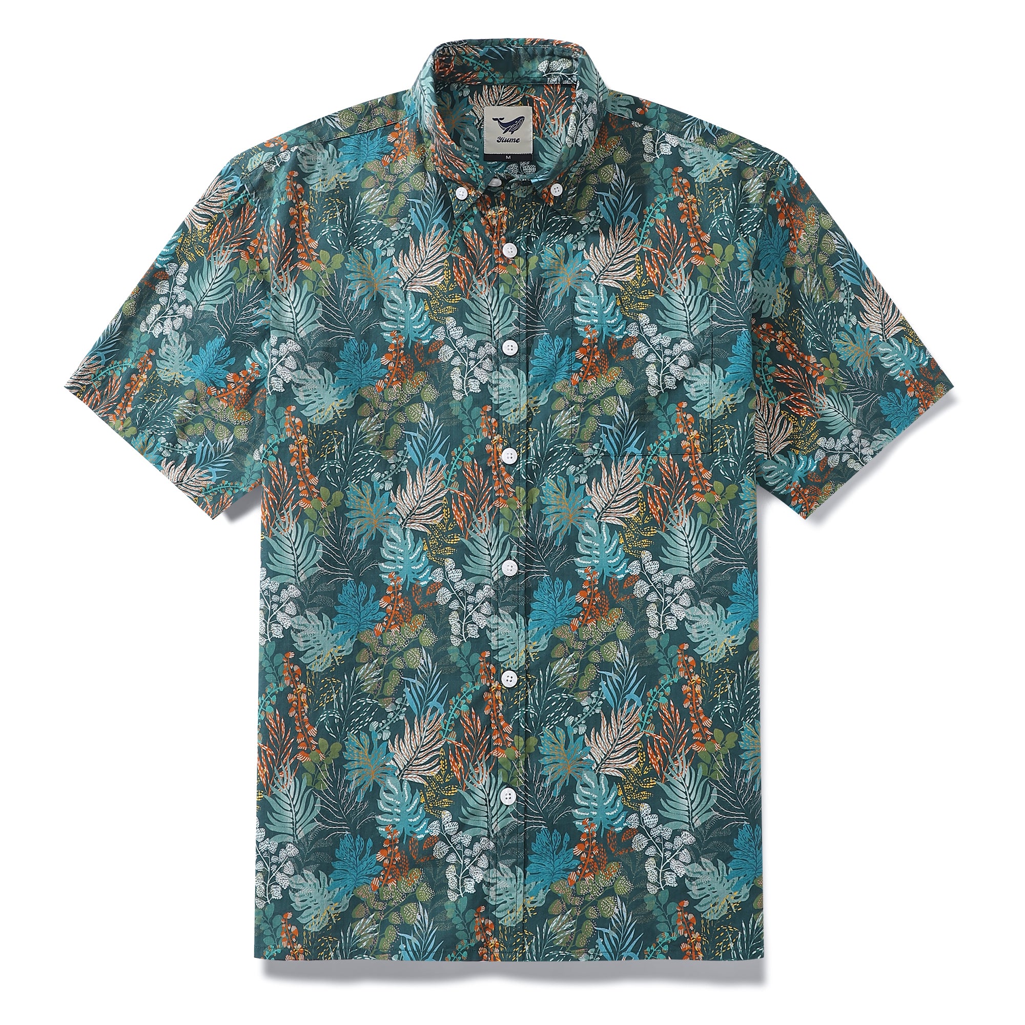 Chemise hawaïenne pour hommes, imprimé de feuilles d'émeraude de nuit tropicale par Annick, chemise Aloha boutonnée en coton à manches courtes