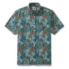 Chemise hawaïenne pour hommes, imprimé de feuilles d'émeraude de nuit tropicale par Annick, chemise Aloha boutonnée en coton à manches courtes