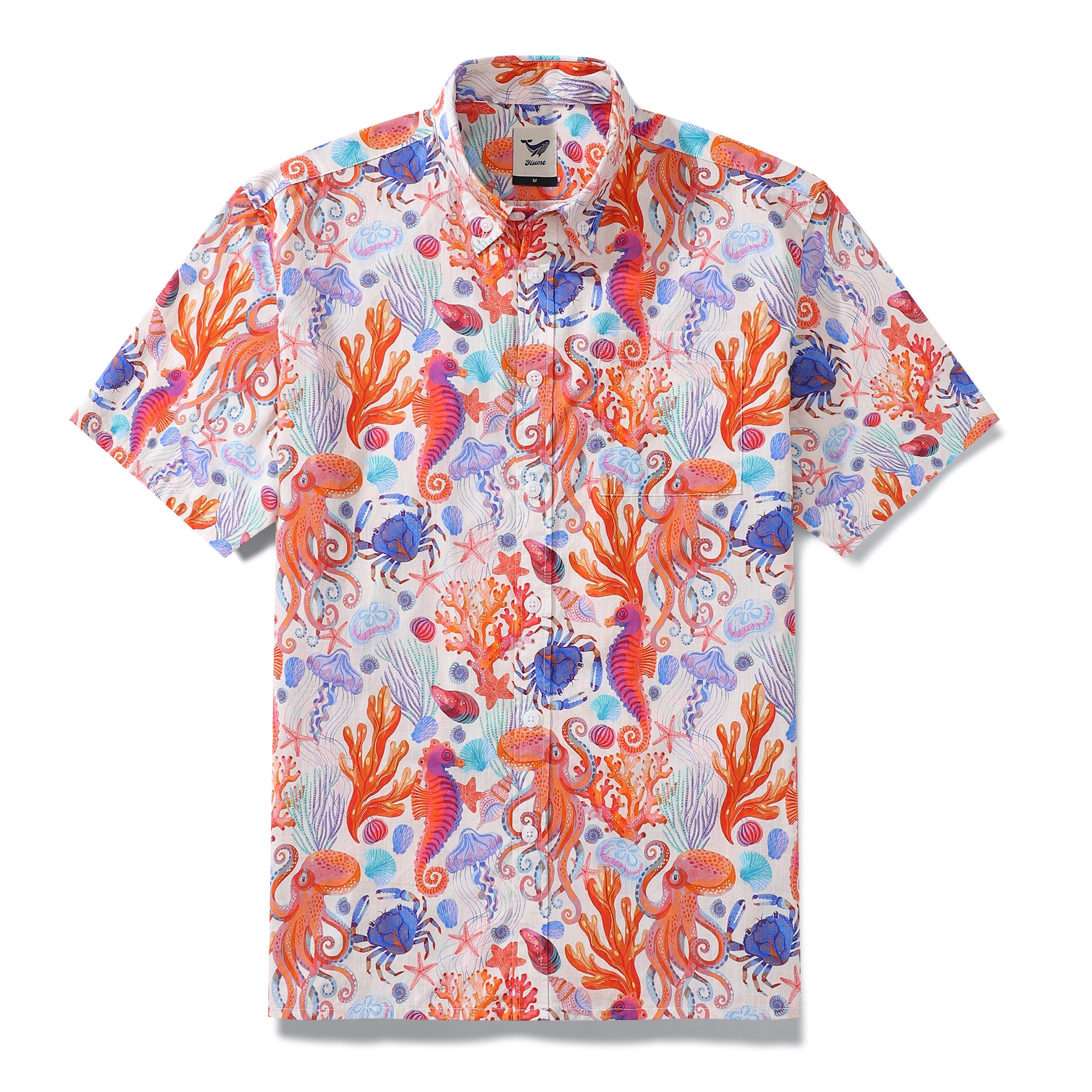Herren-Hawaiihemd „Ocean Life Print“ von Rebecca Elfast, kurzärmeliges Aloha-Hemd aus Baumwolle mit Knopfleiste