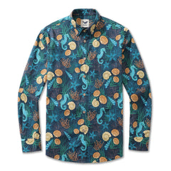 Men's Hawaiian Shirt Wonders of the Sea Print By Luova Flow Cotton Button-down Long Sleeve Aloha Shirt