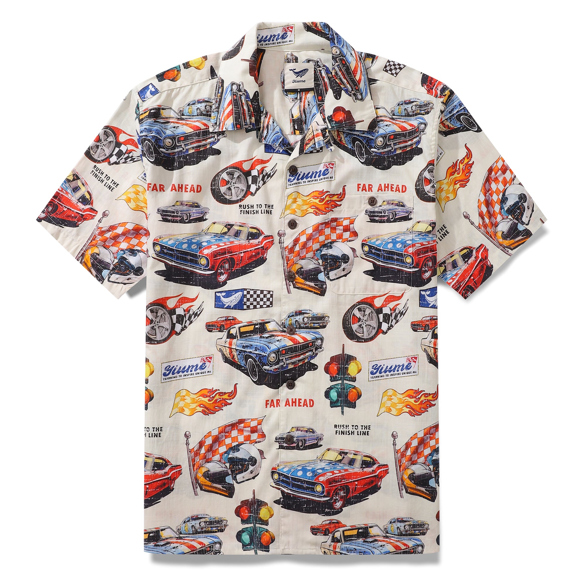 Hawaiian Shirt For Men Racing Flames Print Shirt Camp Collar 100% Cotton
