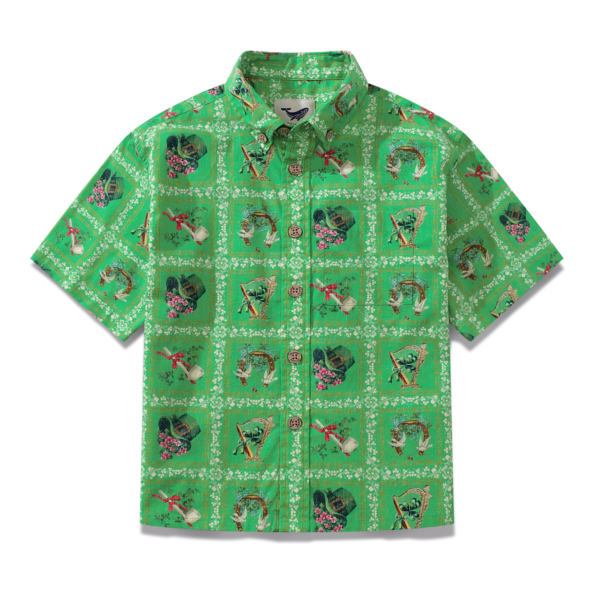 Camisa Hawaiana Infantil Día de San Patricio Manga Corta con Botones de Algodón Estampado del Día de San Patricio Verde