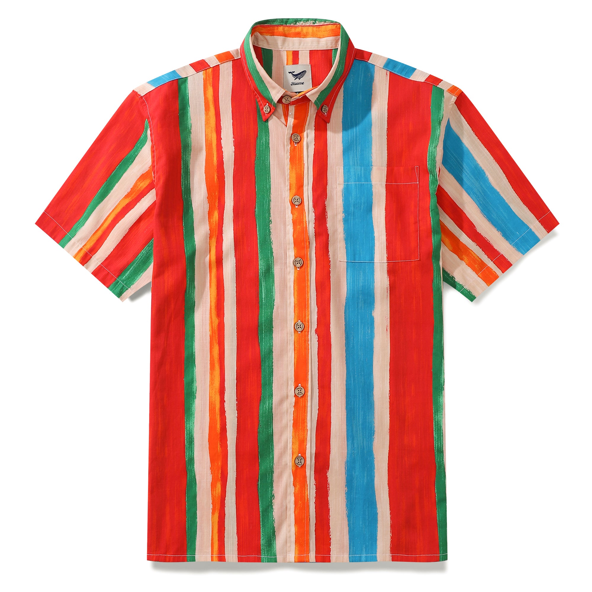 Herren-Aloha-Hemd, buntes Streifenmuster, Baumwolle, kurze Ärmel, Knopfleiste