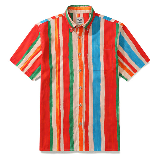 Men's Stripe Hawaiian Shirt Colorful Cotton Short Sleeve Button Down Aloha Shirt