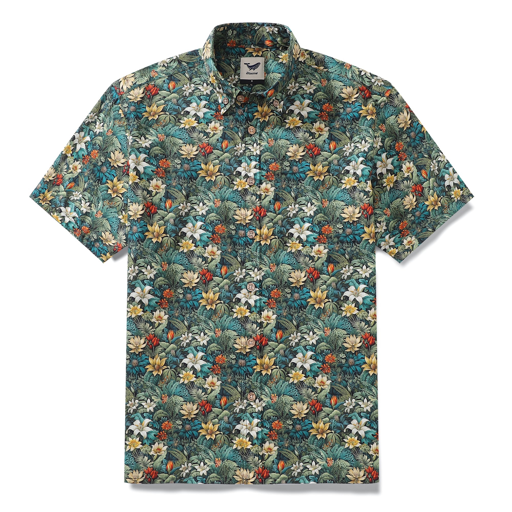 Herren-Hawaii-Hemd mit Dschungel-Abenteuer-Aufdruck, kurzärmeliges Aloha-Hemd aus Baumwolle mit Knopfleiste