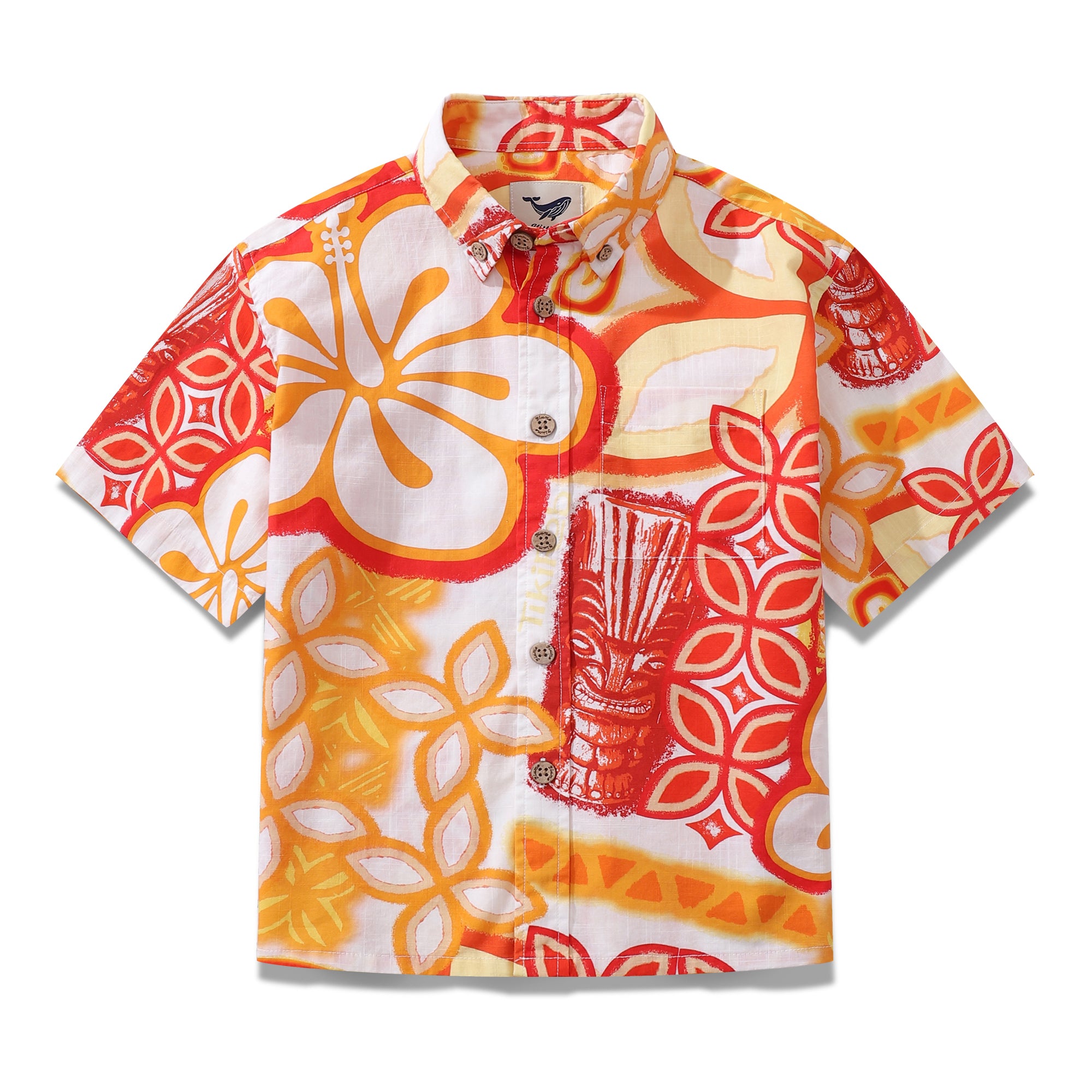 Camicia hawaiana per bambini Camicia firmata Tikirob Manica corta abbottonata in cotone con stampa totem arancione