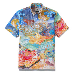 Chemise hawaïenne pour hommes, chemise Aloha en coton imprimé Koi, boutonnée, à manches courtes