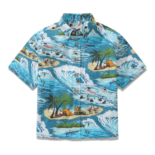 Children's Hawaiian Shirt Ride the Waves Print Cotton Button-down Short Sleeve